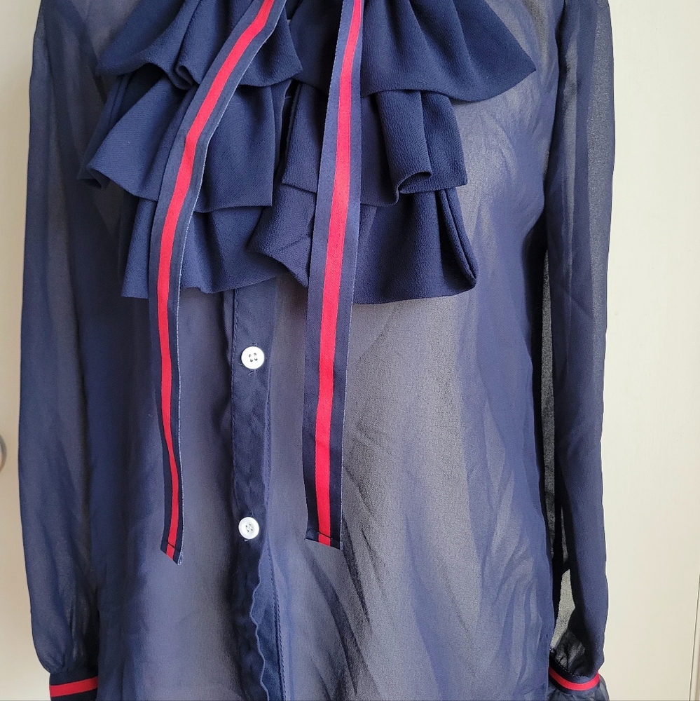 Women's Sheer Ruffle Collar and Sleeves Blouse